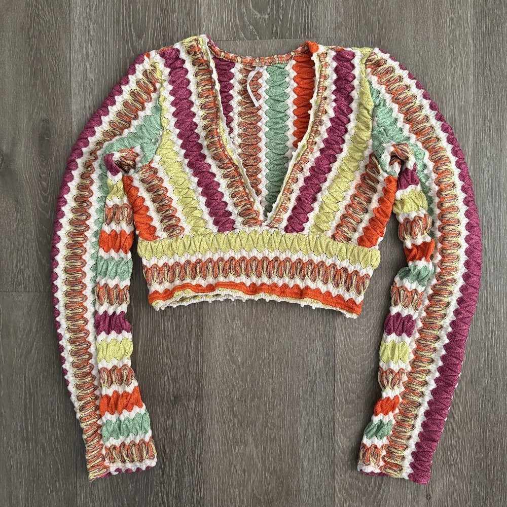 Free People Twist & Shout Top Medium Boho Crochet Long Sleeve Crop Multicolor